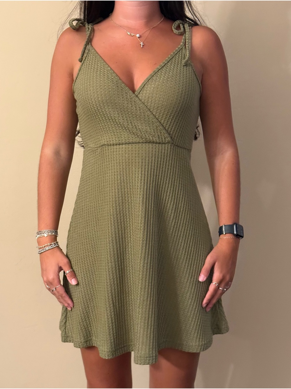 SHEIN Olive Green Knit Wrap Mini Dress with Tie Straps